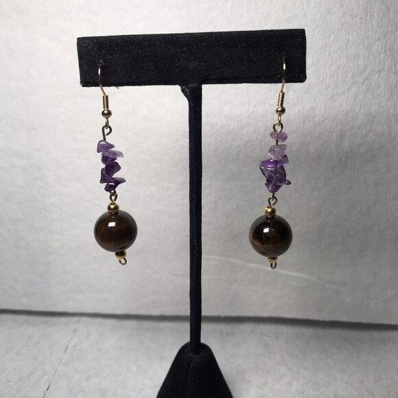 Handmade Amethyst Chip & Tiger’s Eye Beaded Earrings Boho Dangles - Picture 1 of 4